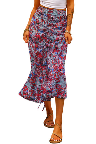 Bohemian Floral Drawstring Ruched Long Skirt LC721056-3