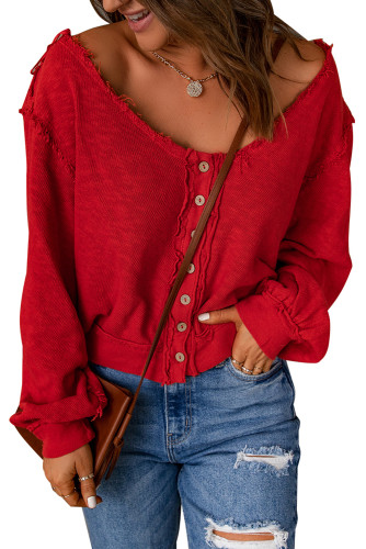 Button Front Distressed Knit Patched Top LC25115379-14