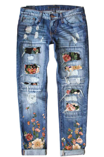 Sky Blue Flowers Printed Patch Ripped Boyfriend Denim Jeans LC787045-504
