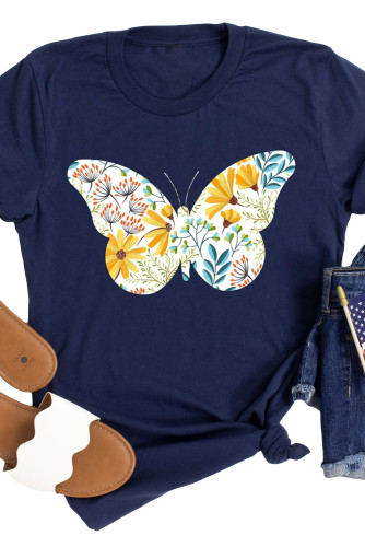 Blue Floral Butterfly Graphic Print Crew Neck T Shirt LC25217902-5