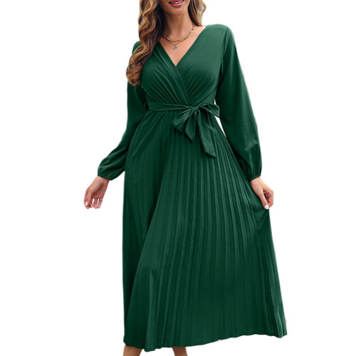 Green Front Wrap V Neck Swing Long Dress with Belt TQK311125-9