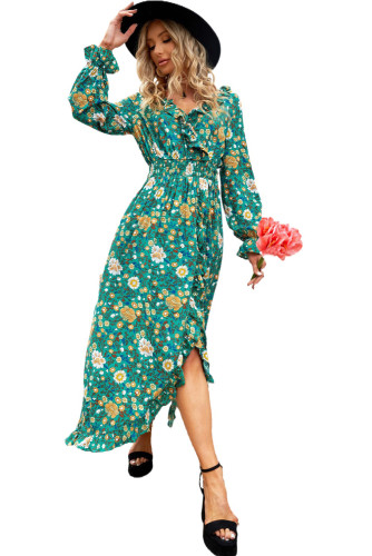 Green Boho Ruffles Smocked Waist Floral Print Maxi Dress LC618766-9