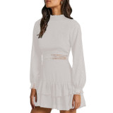 White Hollow-out Ruffle Hem Long Sleeve Dress TQV310032-1