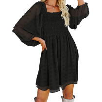 Black Square Neck Swiss Dot Puff Long Sleeve Dress TQK311124-2