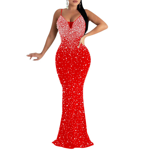 Red Rhinestone Open Back Mermaid Maxi Dress TQK311126-3