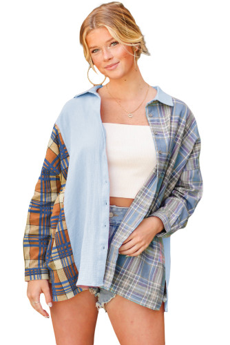 Sky Blue Pink Plaid Contrast Color Block Shirt with Slits LC2552642-4