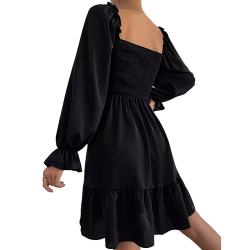 Black Square Neck Ruffle Hem Long Sleeve Dress TQK311122-2