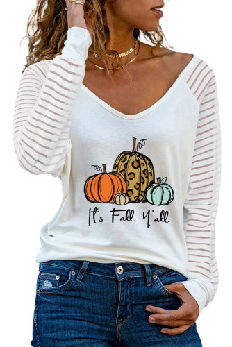 White Cute Fall Pumpkin Graphic Sheer Striped Long Sleeve Top LC25116002-1