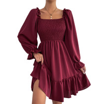 Burgundy Square Neck Ruffle Hem Long Sleeve Dress TQK311122-23