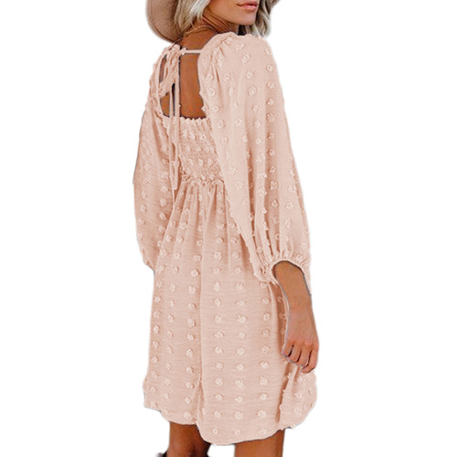 Light Pink Square Neck Swiss Dot Puff Long Sleeve Dress TQK311124-39