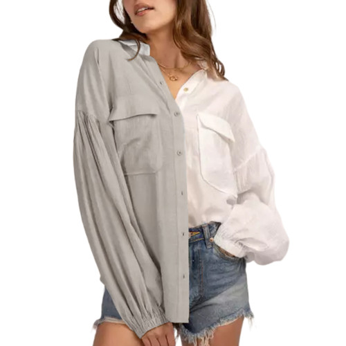 Light Gray Color Block Button Down Shirt with Pockets TQV220050-25
