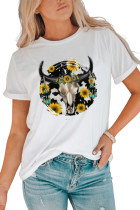 White Bull Skull With Sunflower Western Graphic Tee LC25217953-1