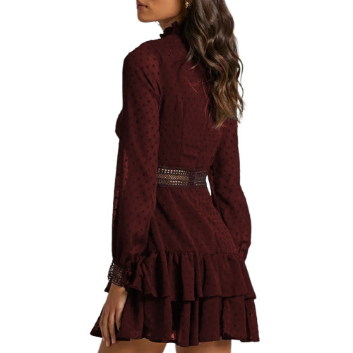 Burgundy Hollow-out Ruffle Hem Long Sleeve Dress TQV310032-23