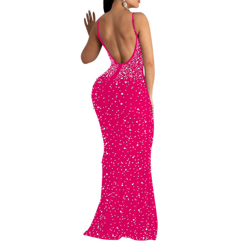 Rosy Rhinestone Open Back Mermaid Maxi Dress TQK311126-6