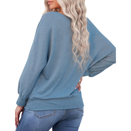 Blue Contrast Crew Neck Long Sleeve Pullover Tops TQV220041-5