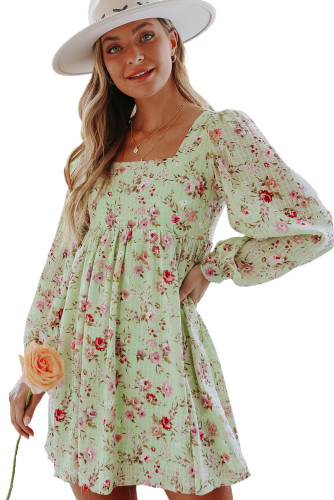 Green Square Neck Empire Waist Babydoll Floral Dress LC6110828-9