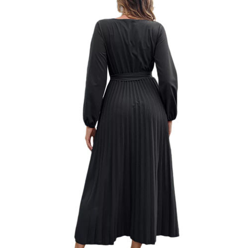 Black Front Wrap V Neck Swing Long Dress with Belt TQK311125-2