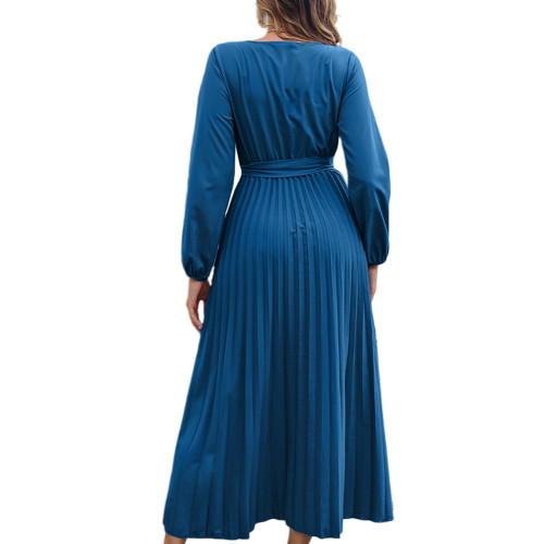 Blue Front Wrap V Neck Swing Long Dress with Belt TQK311125-5