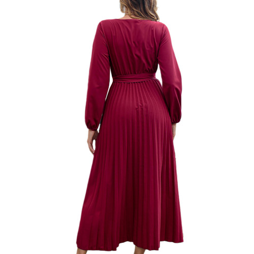 Burgundy Front Wrap V Neck Swing Long Dress with Belt TQK311125-23