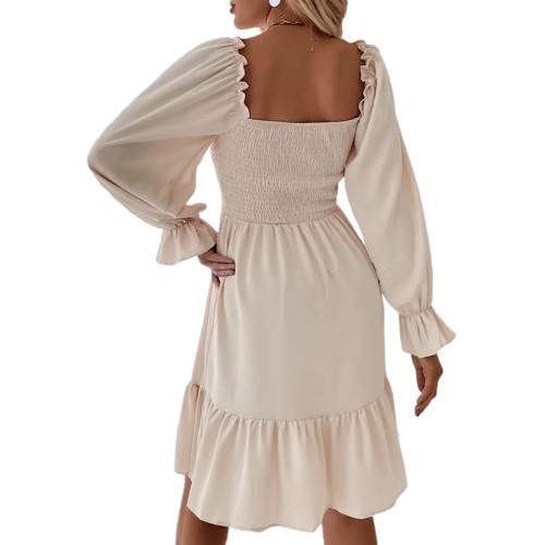 Apricot Square Neck Ruffle Hem Long Sleeve Dress TQK311122-18