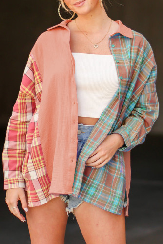 Pink Plaid Contrast Color Block Shirt with Slits LC2552642-1010
