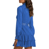 Blue Hollow-out Ruffle Hem Long Sleeve Dress TQV310032-5