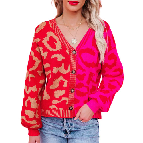 Red Leopard Contrast Single Breasted V Neck Cardigan TQV270001-3