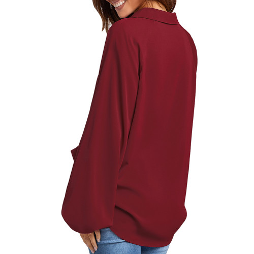 Burgundy Solid V Neck Long Sleeve Shirt TQV220045-23
