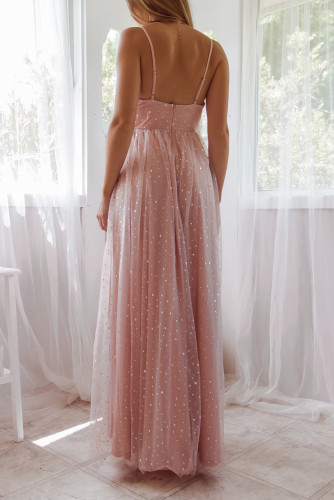Pink Spaghetti Straps Backless Sequin Tulle Gown LC6111242-10