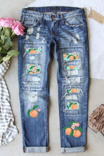 Sky Blue Peach and Flowers Print Distressed Boyfriend Jeans LC7871267-4