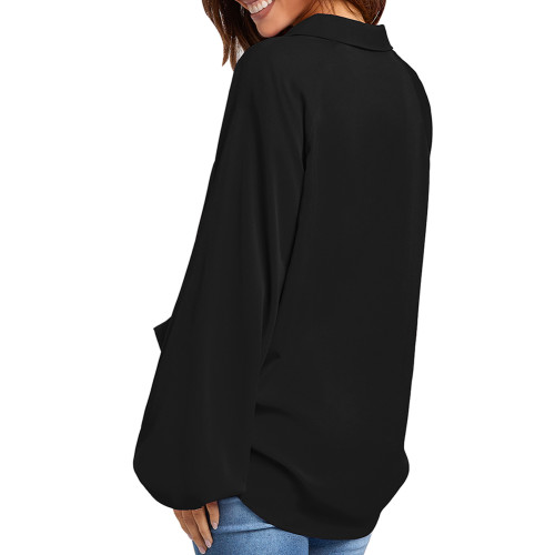 Black Solid V Neck Long Sleeve Shirt TQV220045-2
