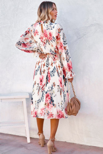 Floral Print Puffy Sleeve Ruffled Midi Dress LC6110224-15