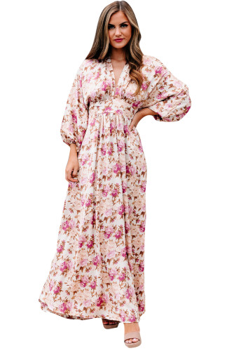 Deep V Neck Ruched High Waist Floral Maxi Dress LC6111235-8