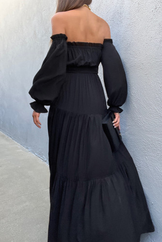 Black Frilled Off-the-shoulder Puff Sleeve Pleated Maxi Dress with Slit LC6110779-2