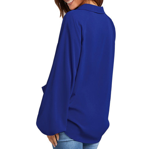 Sapphire Blue  Solid V Neck Long Sleeve Shirt TQV220045-62