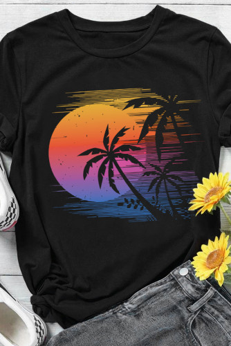 Black Beach Sunset Graphic Print Short Sleeve T Shirt LC25217973-2