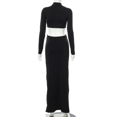Black Long Sleeve Crop and Ruched Maxi Skirt Set TQF711014-2