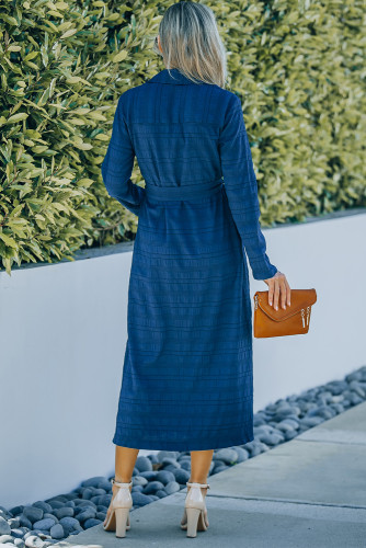 Blue Crinkle Textured Long Sleeve Shirt Dress with Belt LC6110681-5