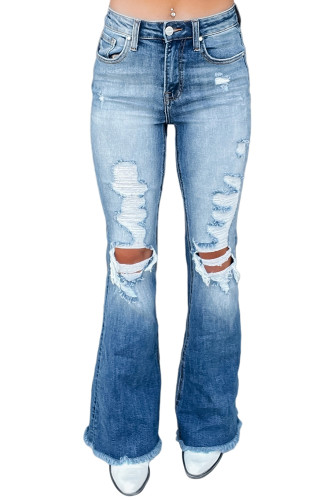 Sky Blue Distressed Raw Hem High Waist Flare Jeans LC787175-4