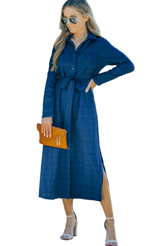 Blue Crinkle Textured Long Sleeve Shirt Dress with Belt LC6110681-5