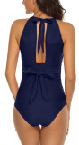 Navy Blue Lace-up Pleated Mesh One-piece Swimwear TQC625050-34