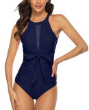 Navy Blue Lace-up Pleated Mesh One-piece Swimwear TQC625050-34