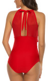 Red Lace-up Pleated Mesh One-piece Swimwear TQC625050-3