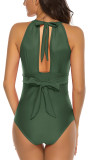 Army Green Lace-up Pleated Mesh One-piece Swimwear TQC625050-27
