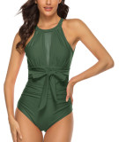 Army Green Lace-up Pleated Mesh One-piece Swimwear TQC625050-27