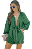 Green Tie Knot Puff Long Sleeve Romper  LC643624-109