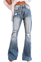 Sky Blue High Waist Distressed Striped Flare Jeans LC787744-4