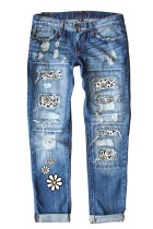Sky Blue Daisy Print Patched Distressed Jeans LC7871395-4