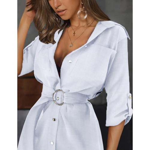 White Solid V Neck Long Sleeve Button Shirt Dress TQF221018-1
