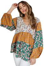 Green Color Block Floral Print Loose Blouse LC25115725-9